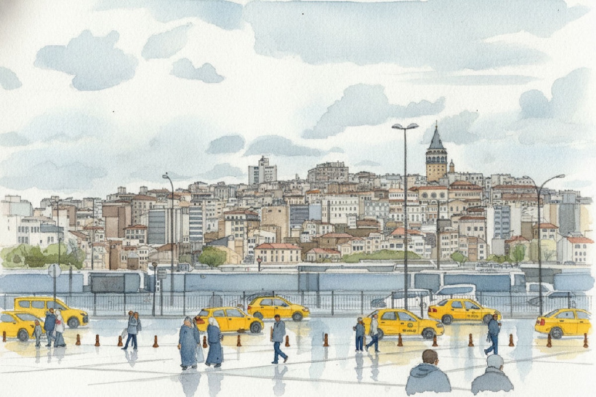 A finished cityscape, painted step by step.