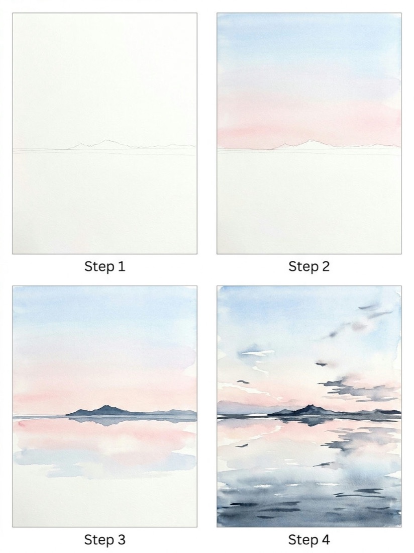 Salt flats at sunset · watercolor