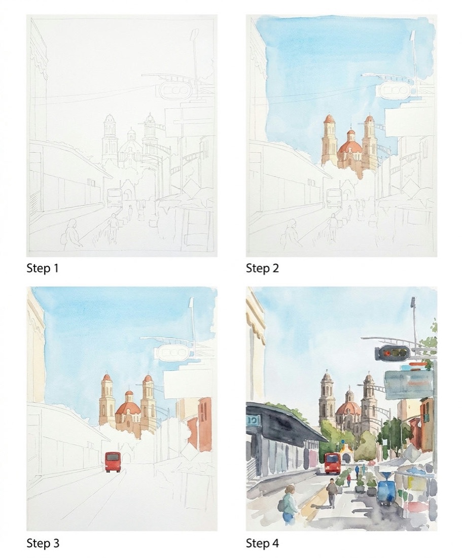 Old-town street · watercolor